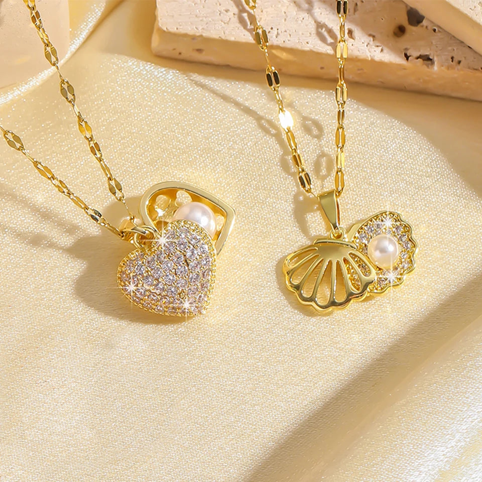 Golden Heart Pearl Necklace
